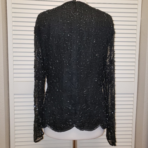 Vintage Black Beaded Silk V-Neck Evening Top - Picture 4 of 7